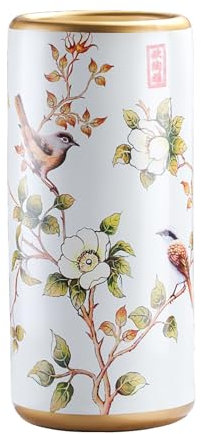 KireiBamboo Ceramic Umbrella Stand, White Chinese Umbrella Holder, Handmade Appliques Chinese Umbrella Stand, Vintage Floor Standing Cane Holder, For Indoor Entrance Entryway Home - 7.7″×17.3″