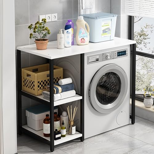 Soporte Para Secadora Con Estante,Estantería Lavadora Con Tablero De Estante,Armario De Lavadora De Tambor,Kit Apilamiento Lavadora Y Secadora,Estructura De Acero,Para Lavadora Para Baño, Cocina(White