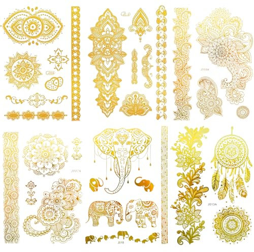6 pièces Tatouages Temporaires or Brillant, Tatouage Ephemere Femme, Autocollants Métalliques Étanche Dorés Faux Tatouages, Ornements Festifs