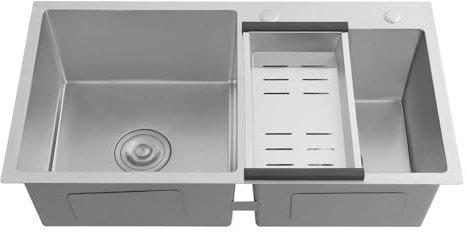 DOPBENT Fregadero de cocina empotrable de acero inoxidable doble con escurridor, fregadero empotrado, 78 x 43 x 21 cm
