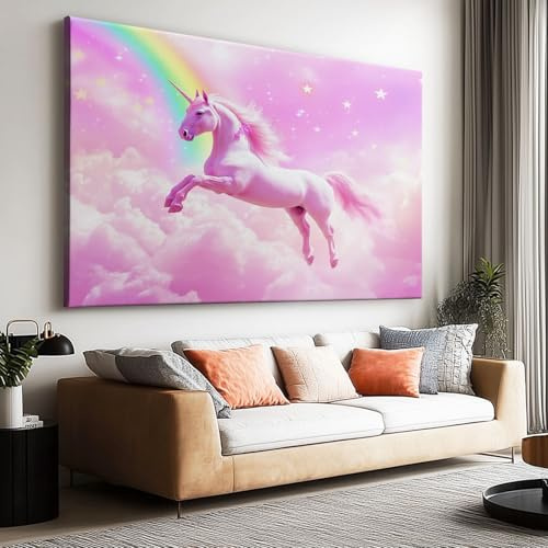 Leinwand-Wandkunst 70 x 50 cm ungerahmt - Einhorn Regenbogen Sterne Fantasie Motiv Leinwandbild Kunstdruck Groß XXL für Wohnzimmer Schlafzimmer Wandbilder Canvas Desing Dekoration