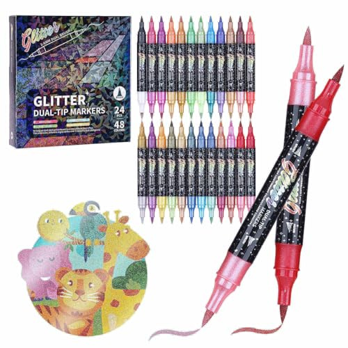 KEMYR Glitzerstifte Set 48 Farben Doppelspitzen Glitzer Filzstifte 24 Pack | Metallische Glitzer Marker für Karten DIYHandwerk Doodling Schreiben ErwachseneMalbücher Kunstmaterialien Scrapbooking