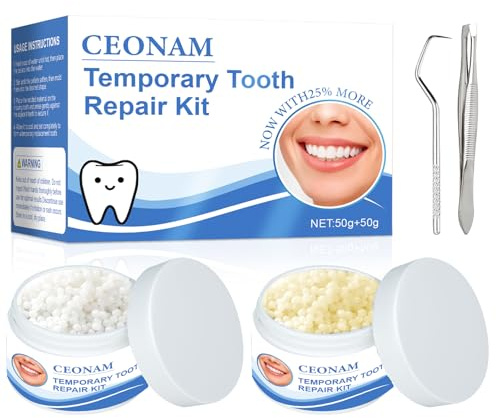 Tooth Repair Kit - 2.1 oz Temporary Fake Teeth Replacement Beads Kit in White & Ivory, Each 1.05 oz, with 3 Dental Tweezers Tools for Temporary Restoration of Missing & Broken Teeth