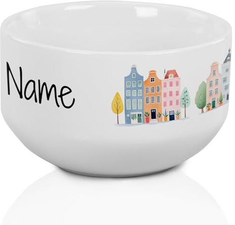 GRAZDesign Müslischale mit Namen personalisiert, Stadt Motiv mit Häusern und Laternen