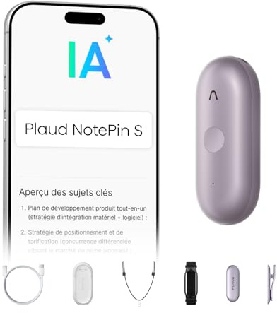 Plaud NotePin S Enregistreur Vocal IA avec Bouton Tactile Dictaphone Violet | Prise de Notes IA avec Transcription Résumé IA et Teams Dictaphone Numérique pour Réunions Interviews avec 4 Accessoires