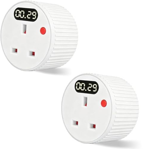 PRITOK 2 Pack Countdown Timer Plug Socket with LED Display: Mechanical Digital UK Smart Plug Socket 13A 3120W, 1 Min–24H Adjustable Countdown Switch for Home Appliance and Office (White)