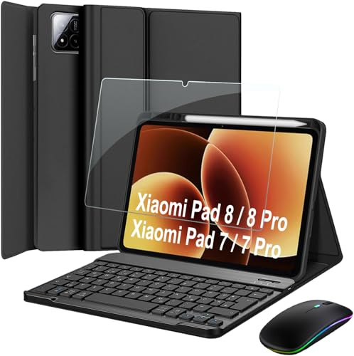 Wineecy Tastatur Hülle mit Schutzfolie für Xiaomi Pad 7/ Pad 8/ Pad 7 Pro/Pad 8 Pro 11.2 Zoll, LED Bluetooth 2.4G Maus, Slim Cover mit Magnetisch Abnehmbare Kabellose Deutsches QWERTZ Tastatur