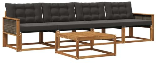 vidaXL Outdoor-Sofagarnitur mit Kissen 5 pcs Natürlich und Schwarz, Garten, modernes Outdoor-Sofa, Lounge-Set für die Terrasse, stylisches Möbel, bequemes Sitzen