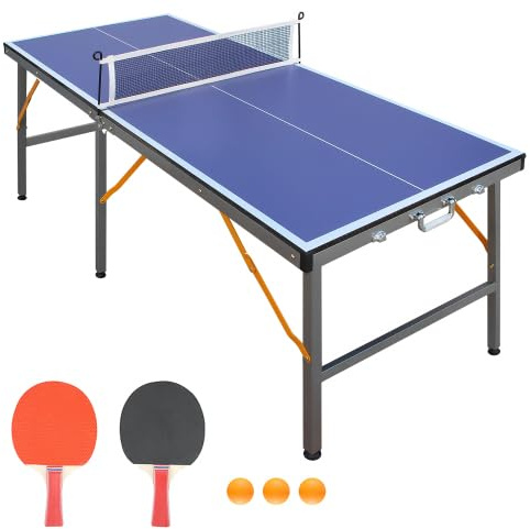 Tavolo da ping pong pieghevole, salvaspazio, mini tavolo da ping pong con 6 gambe, include rete, racchetta e pallina, tavolo multifunzione per allenamento a casa, pieghevole per interni ed esterni