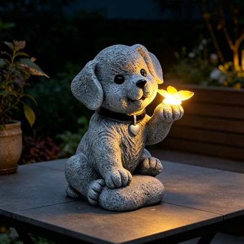Solar Figuren für Außen, HOVCEH Hund Figuren mit Schmetterling, Solarfiguren für Außen Garten Deko, Gartenfiguren für Draußen Wetterfest, für Außenbereiche wie Gärten, Balkone, Rasenflächen und Teiche