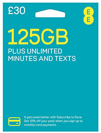 EE Pay As You Go SIM Card UK PREPAID PAYG £30 Bundle - 125GB DATA + Unltd Texts & Mins
