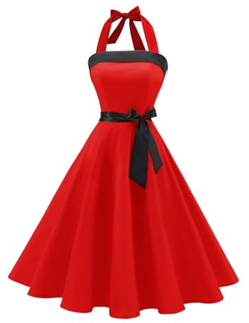 Timormode Damen Vintage Cocktailkleid Knielang Neckholder Swing Retro Rockabilly Kleid M Rot