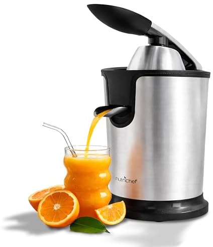 NutriChef Estrattore di Succo, Estrattore e Centrifuga Spremiagrumi Elettrico in Acciaio Inox con Pressa Manuale, Filtro Polpa Regolabile, Lavabile in Lavastoviglie, Motore 160 Watt