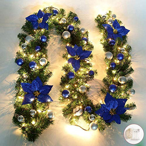 Queta 2,7M Weihnachtsgirland Tannengirland Weihnachtdekoration mit Gloden Blumen Weihnachtsdeko-LED Lampen schöne Feiertag-Dekoration für Treppen, Wand, Türen In-Out Door