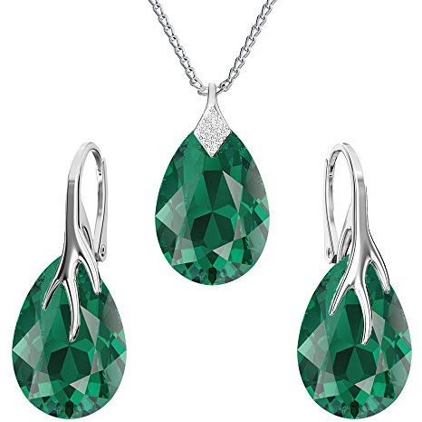 Ohrringe Silber 925 Hängend - Kette Damen mit Anhänger - Schmuck Set für Sie - mit Kristallen - Halskette Damen Silber 925 - elegante Ohrringe Hängend - Silber Kette - Birnenform (Smaragd)