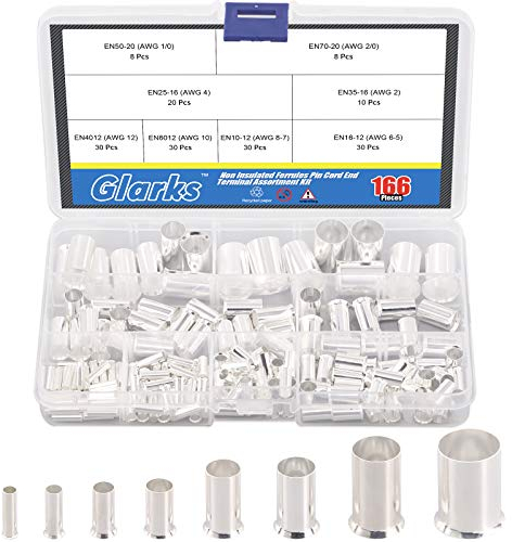 Glarks 166Pcs 8 Sizes AWG 12 10 8 6 4 2 1 2/0 Wire Ferrules Kit Silver Plated Copper Crimp Connector Non Insulated Ferrules Pin Cord End Terminals Assortment Kit