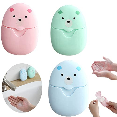 CHmiss 3 Boxen (150Blätter) Mini Seife Papier BläTter, Mini soap Papier, Tragbar Soap Paper, Einweg Papier Seife mit Kunststoffbox für Unterwegs Reisen Camp Outdoor Wandern 3 Farben(Grün/Blau/Pink)