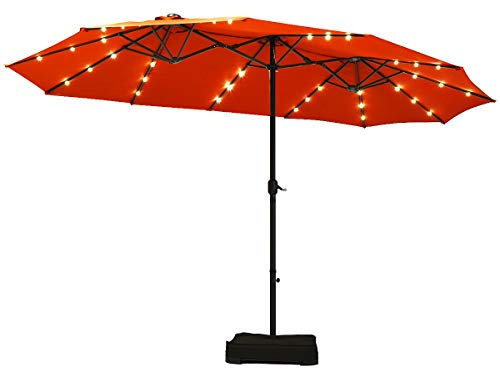 COSTWAY 4.6m Double-Sided Parasol with Base, Solar LED Lights and Crank Handle, Outdoor Extra Large Sun Umbrella, Large Market Sunshade Shelter Canopy for Garden Patio Beach Yard