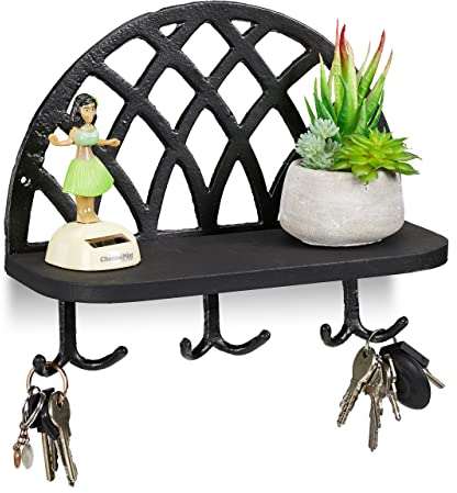 Relaxdays 1 x Schlüsselbrett, Ablage & Haken, Vintage Schlüsselhaken, Guss & Holz, Wandgarderobe HBT: 23x27x12 cm, schwarz