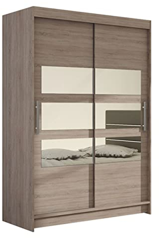 Kleiderschrank Schwebetürenschrank Miami V mit Spiegel, Modernes Schlafzimmerschrank, Garderobe, Schiebetürenschrank, Schlafzimmer (ohne Beleuchtung, Trüffel.)