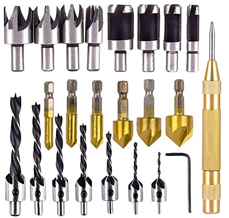 23pcs Drill Bit Set, 6 Countersink Drill Bits, 7 Three Pointed Countersink Drill Bits with L-Wrench, 8 Wood Plug Cutter Drill Bits, for Wood DIY Door Window Cabinet