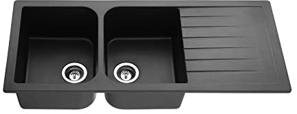 GLYYR Fregadero Cocina Negro 1160 x 500 mm, Fregadero Encastrable de Cuarzo 2 Cubetas lavabos Baño con Escurridor y Colador, Fregadero de Dos Senos, Montaje Superior Empotrable