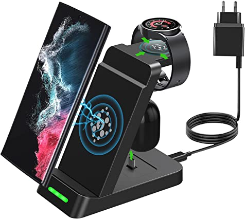 Station de Charge sans Fil, Chargeur sans Fil 18W 3 en 1 Compatible avec Samsung S24 Ultra/Z Flip/Z Fold, Galaxy Watch 5/4/Active2, Chargeur enfichable pour Galaxy Buds+/Live/Pro (avec Adaptateur)
