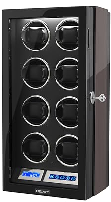 XTELARY Uhrenbeweger, Automatik Uhrenbeweger für 8 Uhren mit LCD-Bildschirm und Fernbedienung, Tastensperre zum Entriegeln, LED-Beleuchtung, Ausgestattet mit leisem Motor