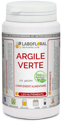 Argile verte Labofloral 150 gélules dosées à 450 mg - Complément alimentaire - Propriétés apaisantes, cicatrisantes et nettoyantes pour le tube digestif- Fabriqué en France