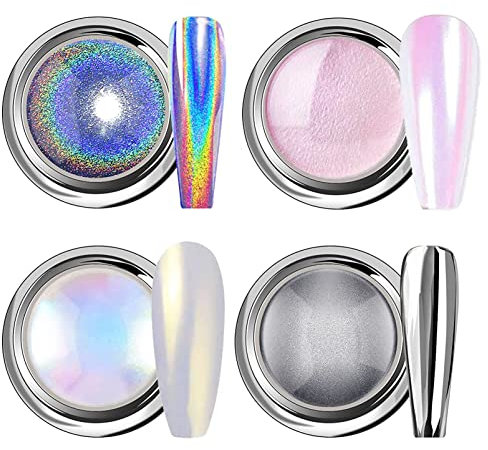 Chrome Nail Powder - White Pearl 4Pcs Metallic Holographic Mermaid Aurora Nail Art Pigment for DIY Manicure