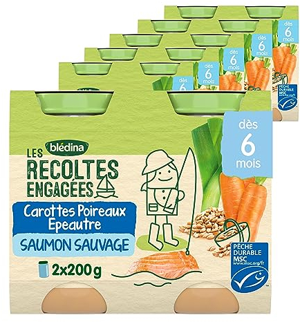 Blédina Les Récoltes Engagées - Carottes, Poireaux, Epautre et Saumon Sauvage -12 pots pour bébés dès 6 mois - Lot de 12 pots de 200g