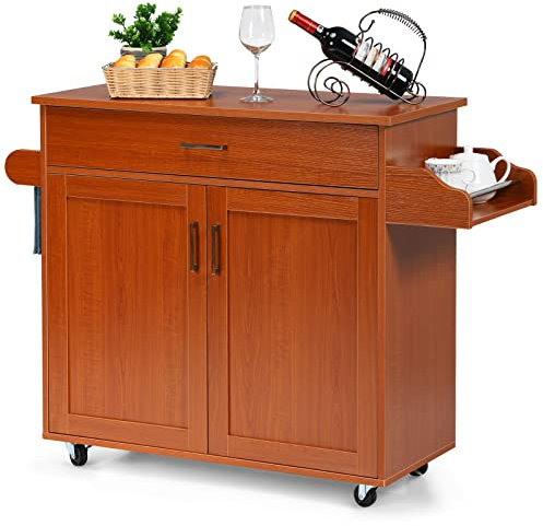 COSTWAY Kitchen Storage Trolley, Rolling Kitchen Island with Adjustable Shelf and Large Drawer, Home Restaurant Dining Room Organiser Sideboard Cupboard Cabinet Cart (Reddish Brown, 116 x 40 x 85cm)