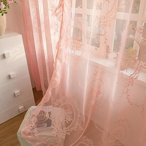 Sutuo Home Rosa Spitzenvorhänge, 213 cm lang, 2er-Set, durchscheinende Paneele, Rosen-Blumenstickerei, gerüscht, Vintage-Voile, Fensterdekoration, Paar für Mädchenzimmer, Wohnzimmer, Stangentasche