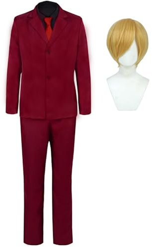 Jiumaocleu Anime Sanji Cosplay Kostüm mit Gelb Perücke, Rot Outfit Anzüge Uniform Top Hosen Komplettes Set Halloween Party Karneval Dress Up Anzug für Fans