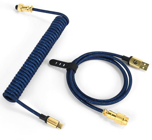 XINMENG C03 Braided Coiled Keyboard Cable, Pro Custom USB-C Double-Sleeved Aviator Cable for Gaming Keyboard, Type-C to USB-A with Detachable Metal Aviation Connect for Mechanical Keyboard - Blue