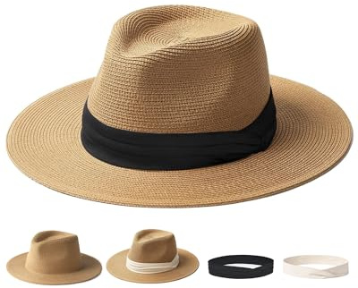 FURTALK Panama Hat Sun Hats for Women Men Wide Brim Fedora Straw Beach Hat UV UPF 80+