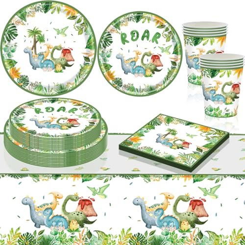 CTCEHL Dinosaurios Vajilla,Juego de Cubiertos Dinosaurio Anime,51 Piezas de Platos Cumpleaños Dinosaurio,Platos y Servilletas de Dinosaurios,etc,para 10 Personas, Fiestas de Cumpleaños