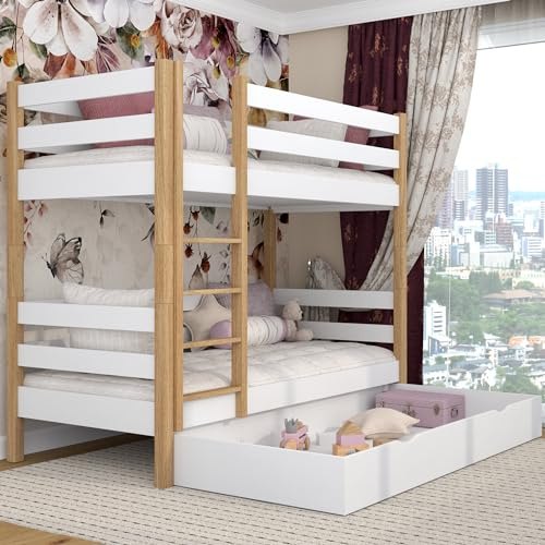 N-wood N01 Etagenbett mit Schublade, Kinderbett 90x190 cm, aus Eichenholz, 2 Leitermontageseiten: Links oder rechts, abgerundete Kanten, Massivholzkonstruktion, Hochwertige Materialien, Weißeiche
