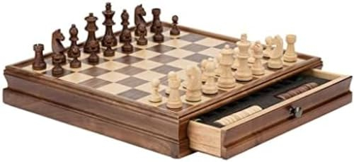 International Chess 2-in-1-Schachspiel aus Holz mit Schubladen, handgefertigtes Schachbrettset mit Dame und 2 zusätzlichen Königinnen, 15 Deluxe-Schach für Erwachsene, Schachgeschenke