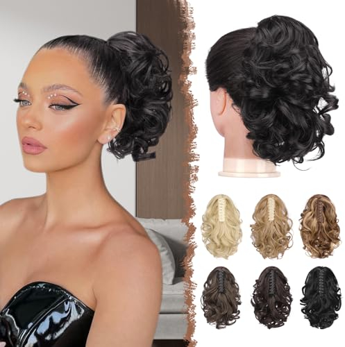 FESHFEN Extension de Queue de Cheval avec Pince Clip Rajout Postiche Extensions de Cheveux Clip in Ondulées Synthétique Bouclés Postiches pour Femmes, Noir Marron 25 cm