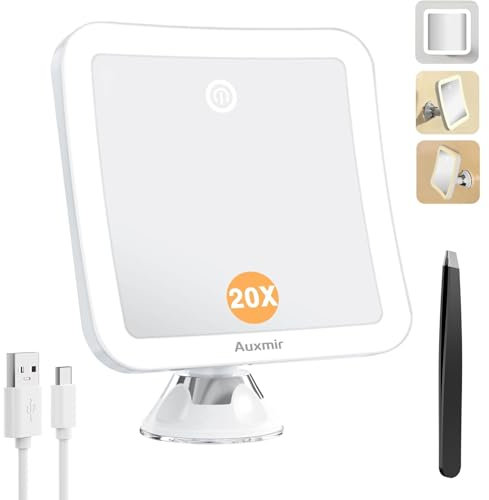 Auxmir Espejo Maquillaje con Luz 20X, Espejo Aumento Ventosa Ducha, 2000 mAh Recargable USB, 360 Giratorio, 3 Colores de Luz, Inalámbrico para Pared Baño Viaje, Afeitado Depilación Cejas, Cuadrado