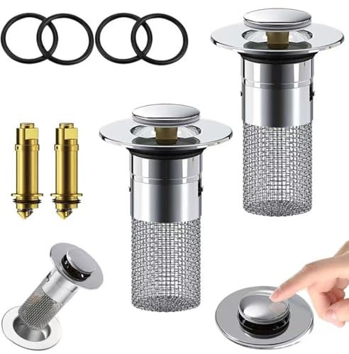 2 Pièces Bonde de lavabo Pop Up Universel, Filtre de vidange en Acier Inoxydable, Bouchon de lavabo Anti-colmatage avec Crépine pour Baignoire, Cuisine, Lavabo