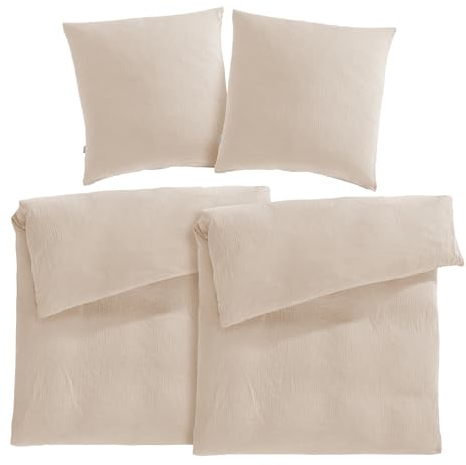 Pure Label Musselin Bettwäsche 155x220 4 teilig bestehend aus Bettbezug 155 x 220 cm 2er Set + Kissenbezug 80x80 cm 2er Set aus Baumwolle - Traumhaft kuschelige Bettwäsche-Sets in beige