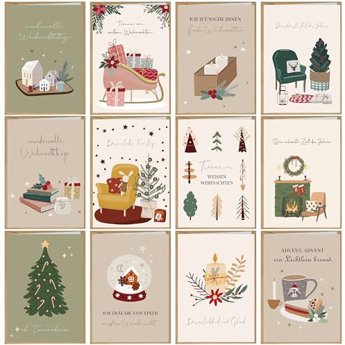 BIROYAL 12er Weihnachtskarten mit Umschlag Set - Heiligabend & Weihnachtsbaum Karte Weihnachten - A6 Weihnachtskarte - Grußkarten Weihnachten - Christmas Card - Klappkarten für Familie, Freunde