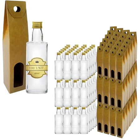 100 Mini Bouteilles en Verre 40ml avec Bouchon a Vis Doré + Boîte | Mignonnettes Alcool 4cl, Petites Fioles Échantillons | Idéal pour Cadeaux, Mariages