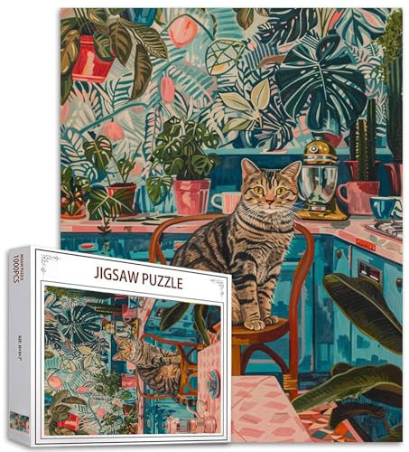 Niedliche Tierpuzzles 1000 Teile für Erwachsene, Familien (Katze Zimmerpflanze Palme Kaffeetasse) Teile passen perfekt zusammen 19.7''x27.6''inch Küchenszene Leistung rahmenbare magische Puzzle Kunst