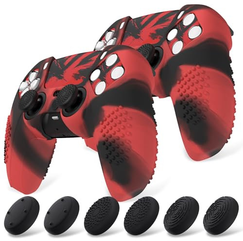 playvital 2 Cover Joystick per ps5 Controller-Compatibile con ps5 Base Ricarica, Custodia Silicone Antiscivolo&Copri Analogici&Adesivi Skin per Touchpad,3D Borchiate-Rosso Nero