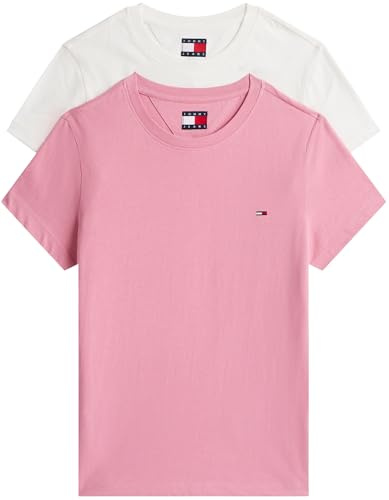Tommy Jeans Damen 2er Pack T-Shirts Kurzarm mit Rundhalsausschnitt, Mehrfarbig (Ecru/Mystic Pink), XL