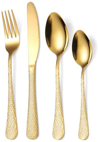 Cutlery Set, 24 PCS Stainless Steel Golden Flatware Set Service for 6, Mirror Polished Tableware with Knives Forks Spoons Teaspoons with Snake Skin, Dishwasher Safe/Easy Clean
