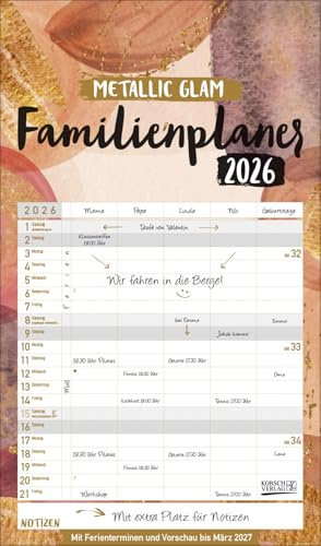 Familienplaner Metallic Glam - Familienplaner 2026 für 4 Personen - Korsch-Verlag - Kalender mit Glamour und 5 Spalten zum Eintragen - 27 cm x 46 cm